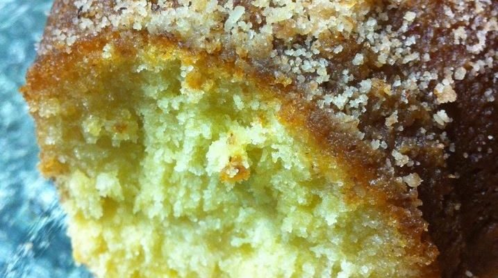 A close up of a cake with some crumbs on it
