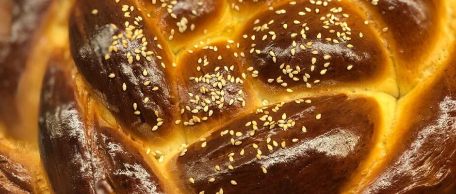 A close up of a bread with sesame seeds