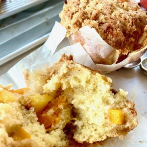 Sour Cream Peach Muffins with Bakery Butter Crumb Topping
